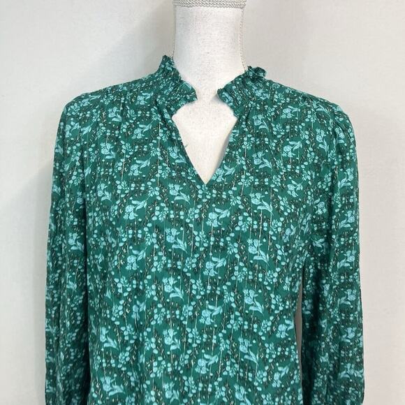 Talbots Blouse sz Medium Dark Green Floral Cottage Core Smocking Prairie Modest - Picture 3 of 10